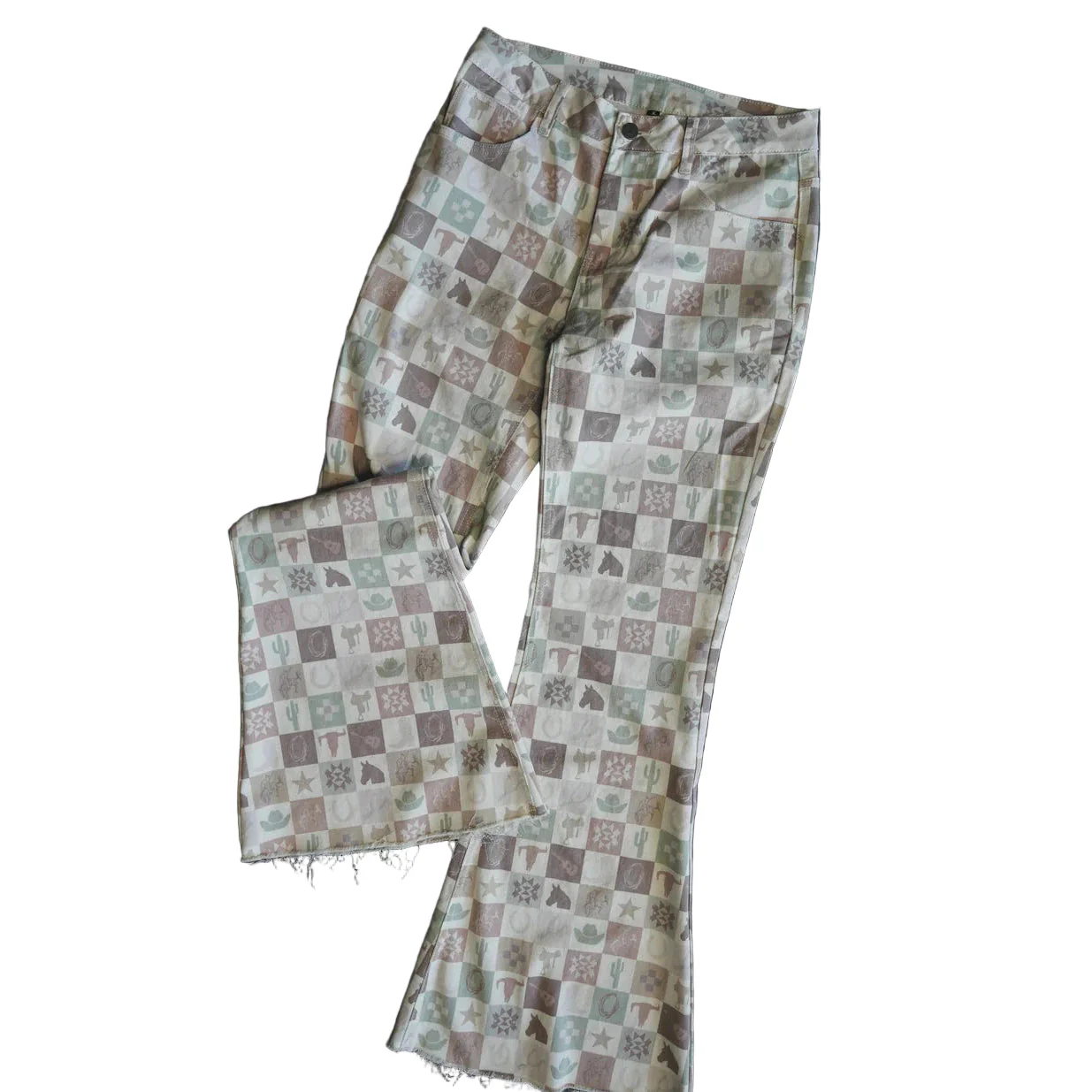 2 Fly Women's Western Flare Jeans - Checkered Multi