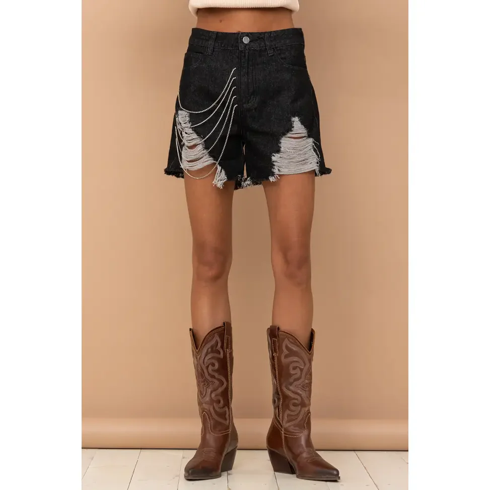 Blue B Distressed Front Frayed Bottom Chain Detail Denim - Black