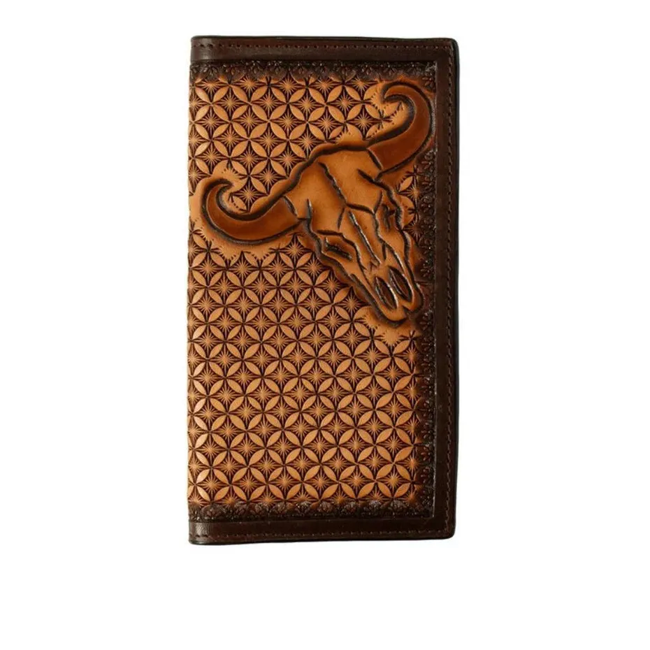3D Men's Rodeo Style Hand Tooled Stained Edge Cow Skull Wallet- Brown