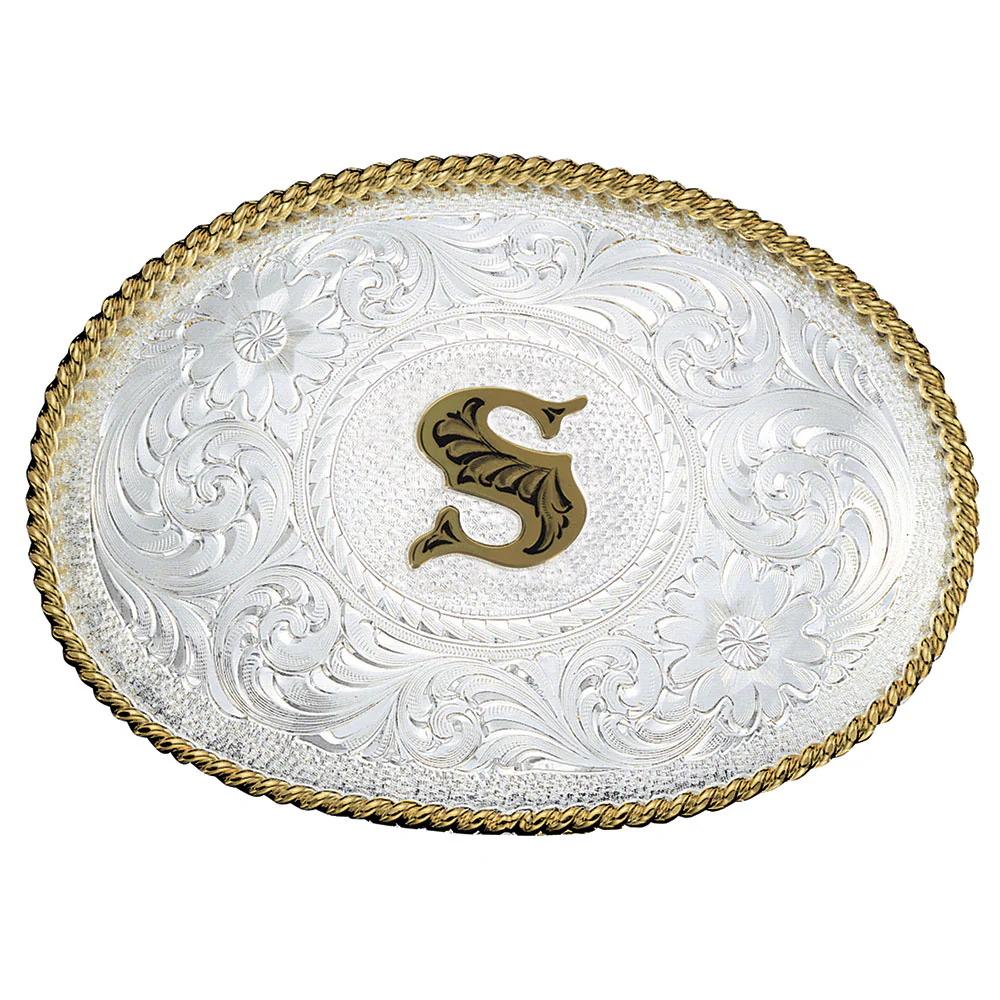Montana Silversmiths Initial S Silver Engraved Gold Trim Western Belt Buckle