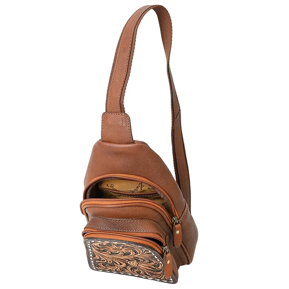 American Darling Brown Leather Sling Backpack with Tooled Floral Bag - Image 3