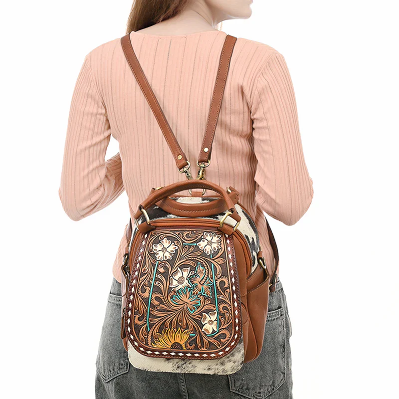 American Darling Hand Tooled Hair-On Cowhide Genuine Leather Backpack - Image 2
