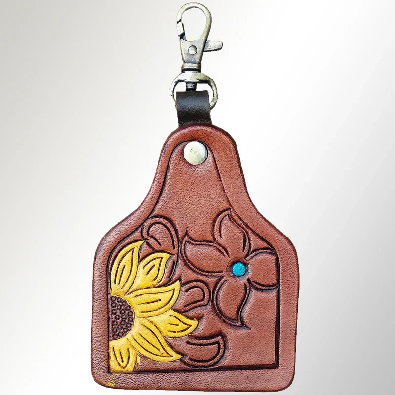 American Darling Hand-Tooled Leather Keyring Yellow Sunflower & Turquoise Floral Accent