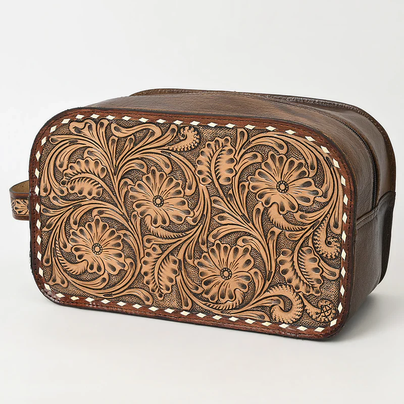 American Darling Hand-Tooled Western Leather Toiletry Bag Genuine Floral Carved Travel Case