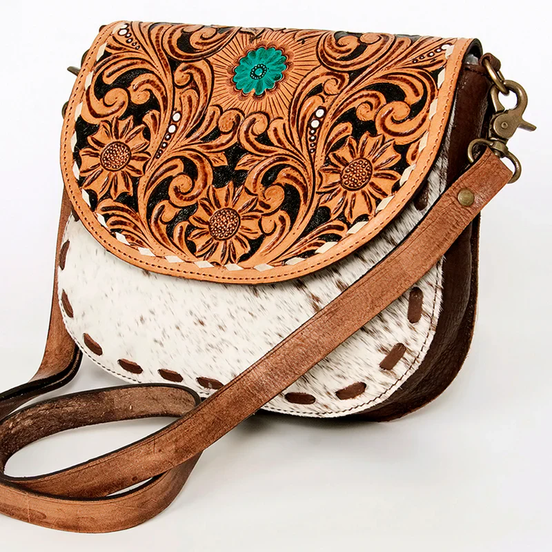 American Darling Messenger Bag- Floral Hand Tooled Leather & Hair-On Hide