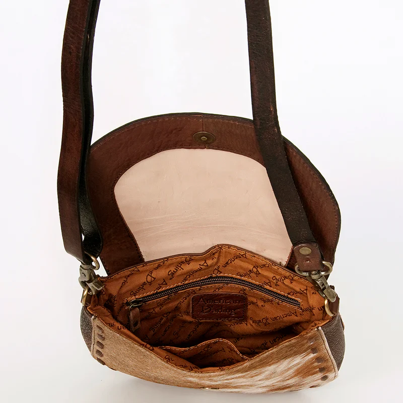 American Darling Messenger Bag- Floral Hand Tooled Leather & Hair-On Hide - Image 3