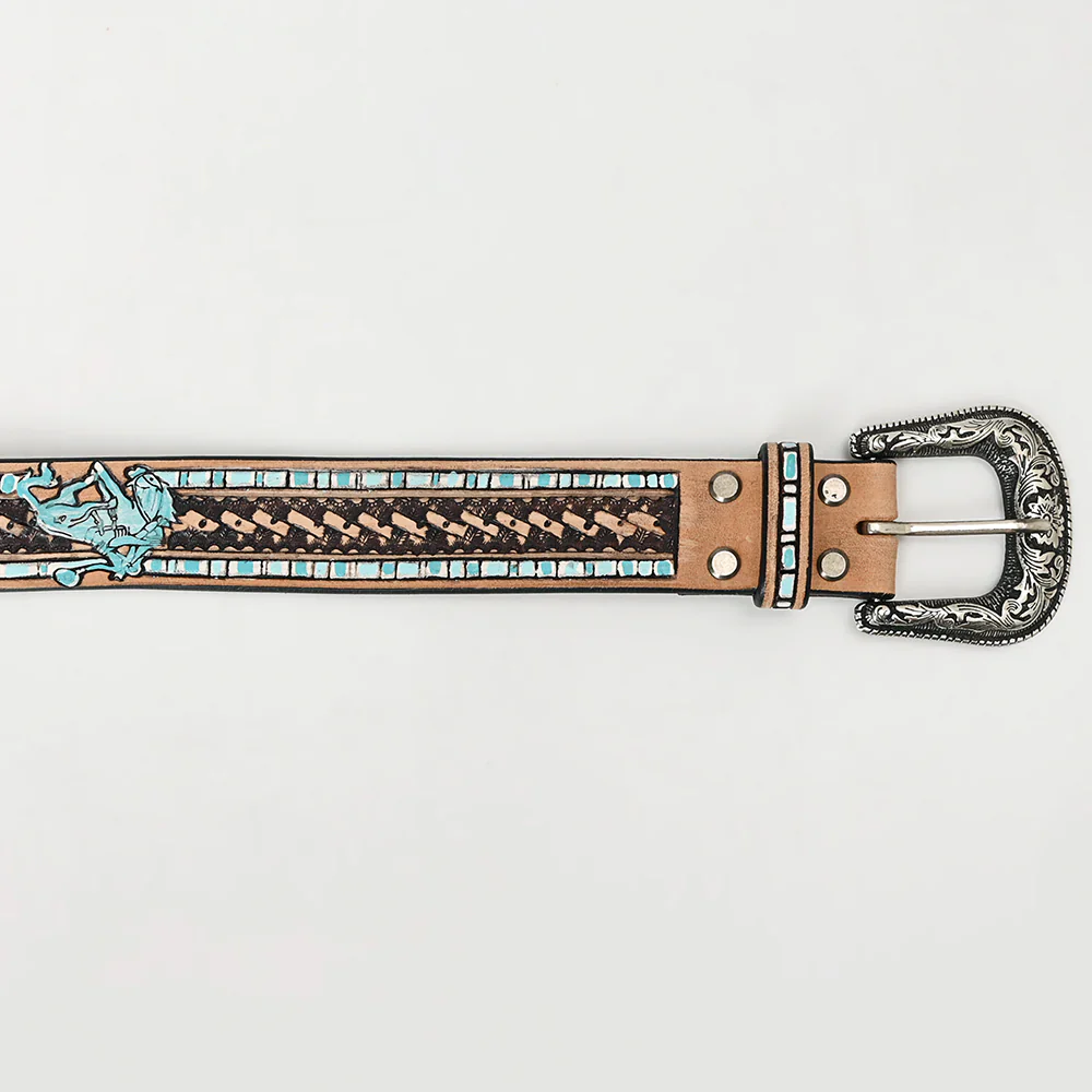 American Darling Rodeo Cowboy Hand Tooled Leather Belt with Silver Buckle - Turquoise - Image 2