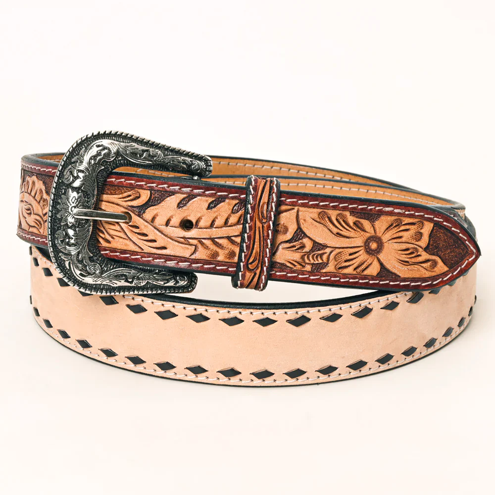 American Darling Tooled Leather Belt - Tan w/Black Buckstitch - Image 3