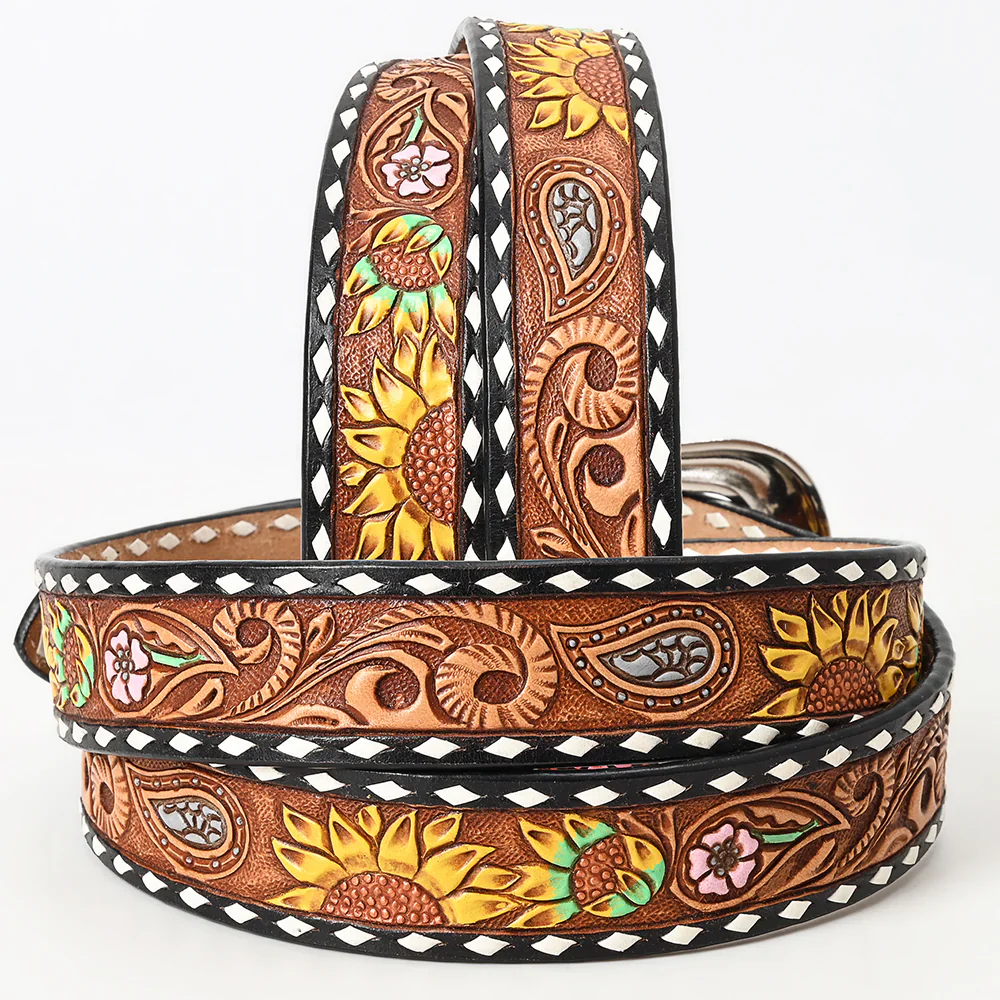 Bar H Tooled Leather Belt - Yellow Sunflowers with Turquoise Accents - Image 3