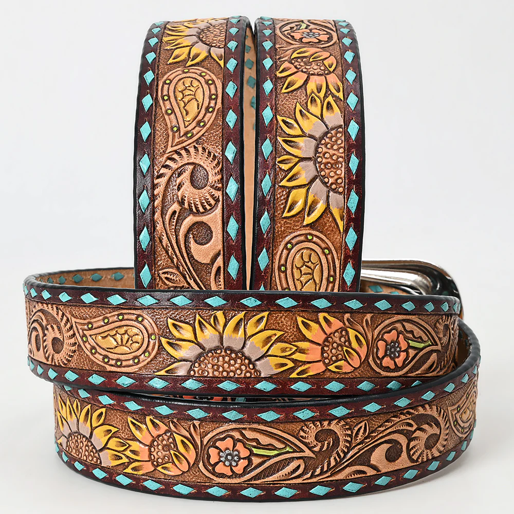 American Darling Tooled Leather Belt - Yellow Sunflowers Teal Edge - Image 2
