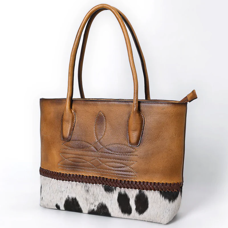 American Darling Two-Tone Cowhide & Tooled Leather Tote - Western Handbag with Braided Trim