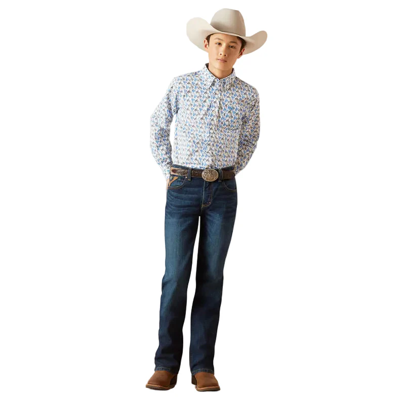 Ariat Boy's Peerce Classic Fit Shirt - White/Blue - Image 3