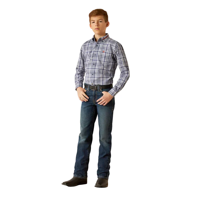 Ariat Boy's Pro Series Team Orion Classic Fit Long Sleeve Shirt - Navy/Orange - Image 3