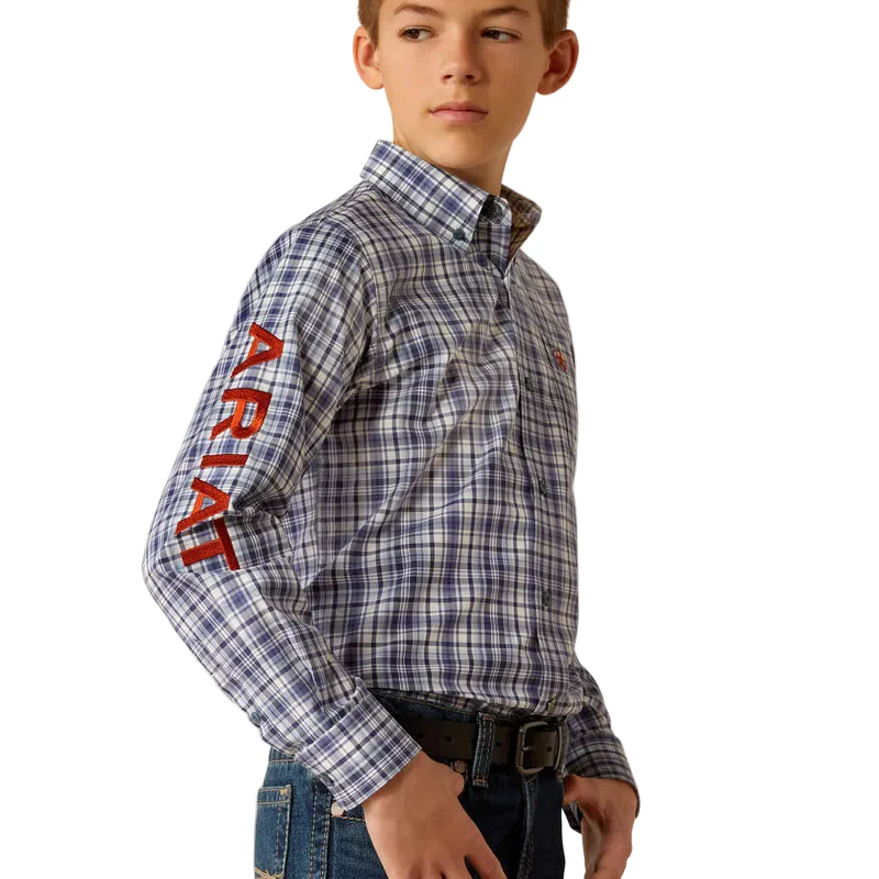 Ariat Boy's Pro Series Team Orion Classic Fit Long Sleeve Shirt - Navy/Orange - Image 4