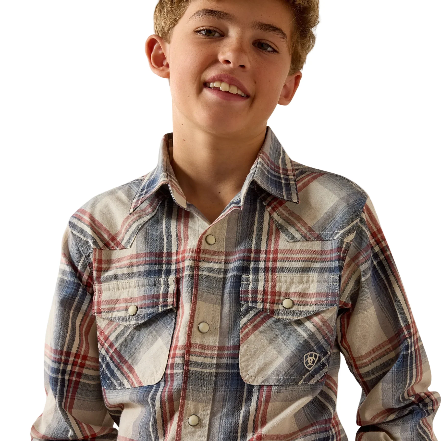 Ariat Boy's Retro Hawthorn Snap Long Sleeve Plaid Shirt - Dawn Blue - Image 3