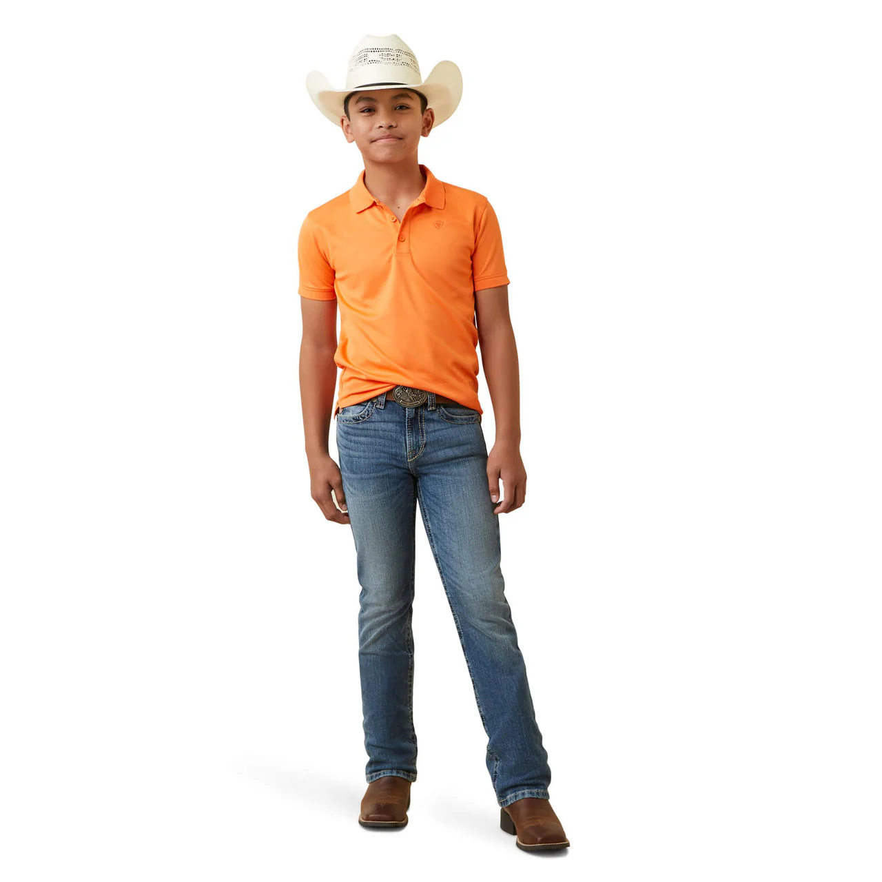 Ariat Boy's TEK Polo Short Sleeve Tee - Celosia Orange - Image 3