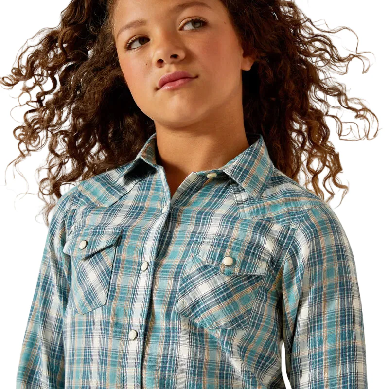 Ariat Girl's Long Sleeve Western Darla Shirt - Aquamarine Plaid - Image 3