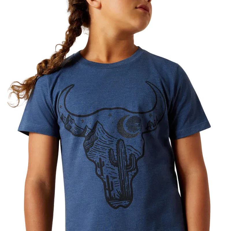 Ariat Girl's Short Sleeve Bull Night Sky Tee Shirt- Navy Heather - Image 3