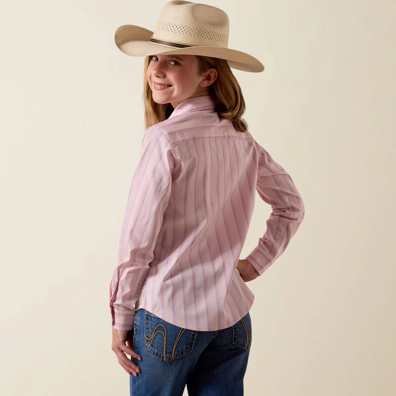 Ariat Girl's Team Kirby Long Sleeve Button Shirt - Pink Ombre Stripe - Image 2