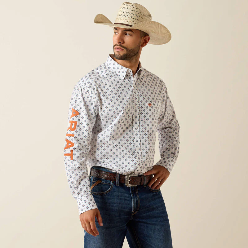 Ariat Men's Casual Team Jericho Medallion Long Sleeve Shirt - White/Orange