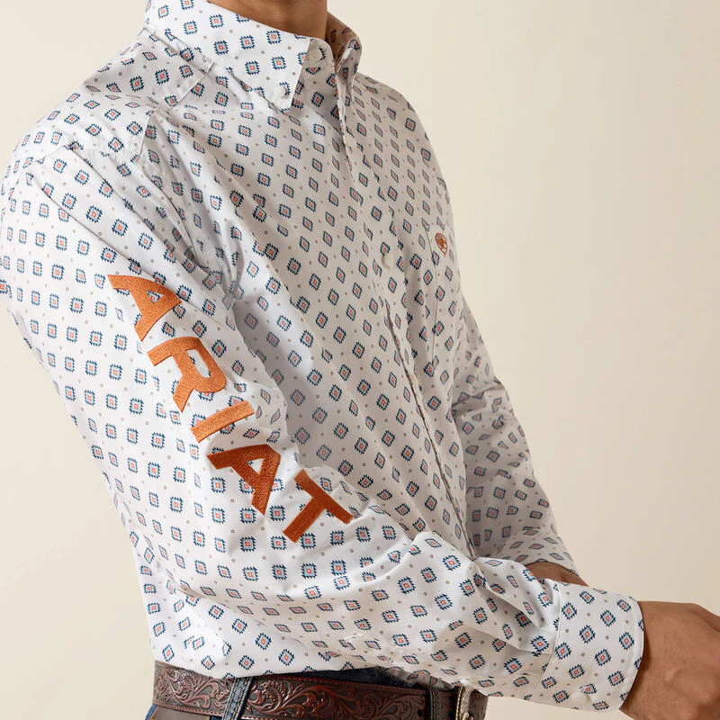 Ariat Men's Casual Team Jericho Medallion Long Sleeve Shirt - White/Orange - Image 3