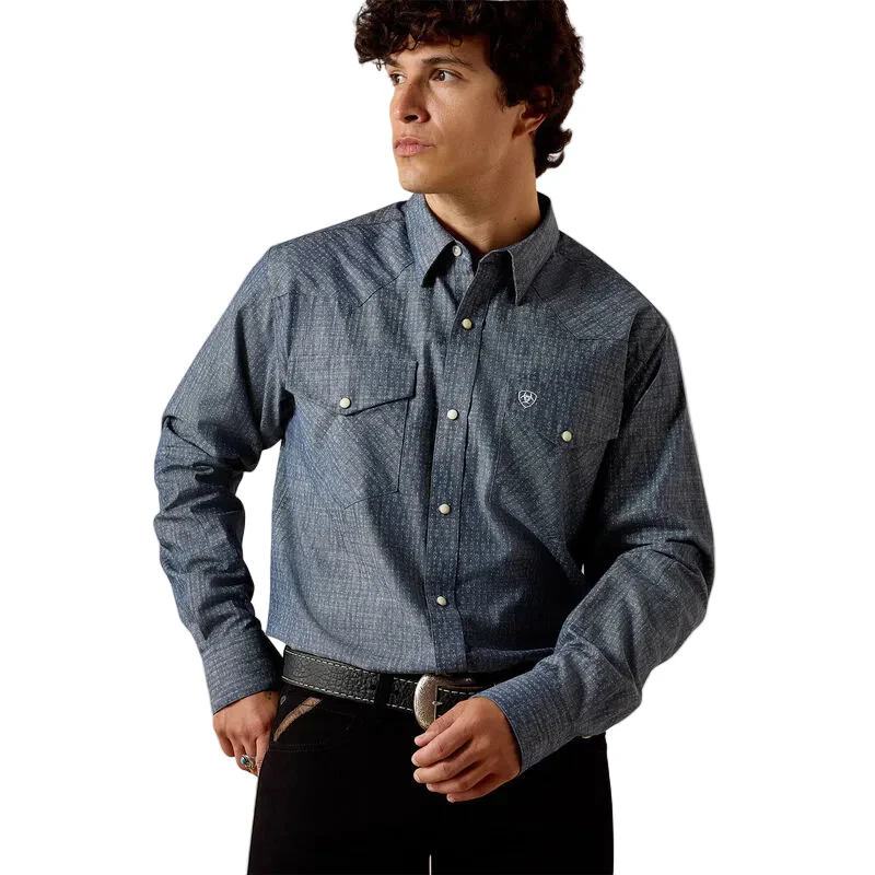 Ariat Men's Filipe Fitted Long Sleeve Fitted Snap Shirt - Chambray Blue Geo Print