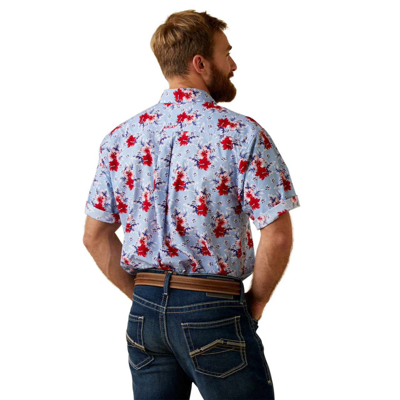 Ariat Men's Jeremiah Classic Short Sleeve Western Shirt - Blue/Red Hibiscus - Image 2