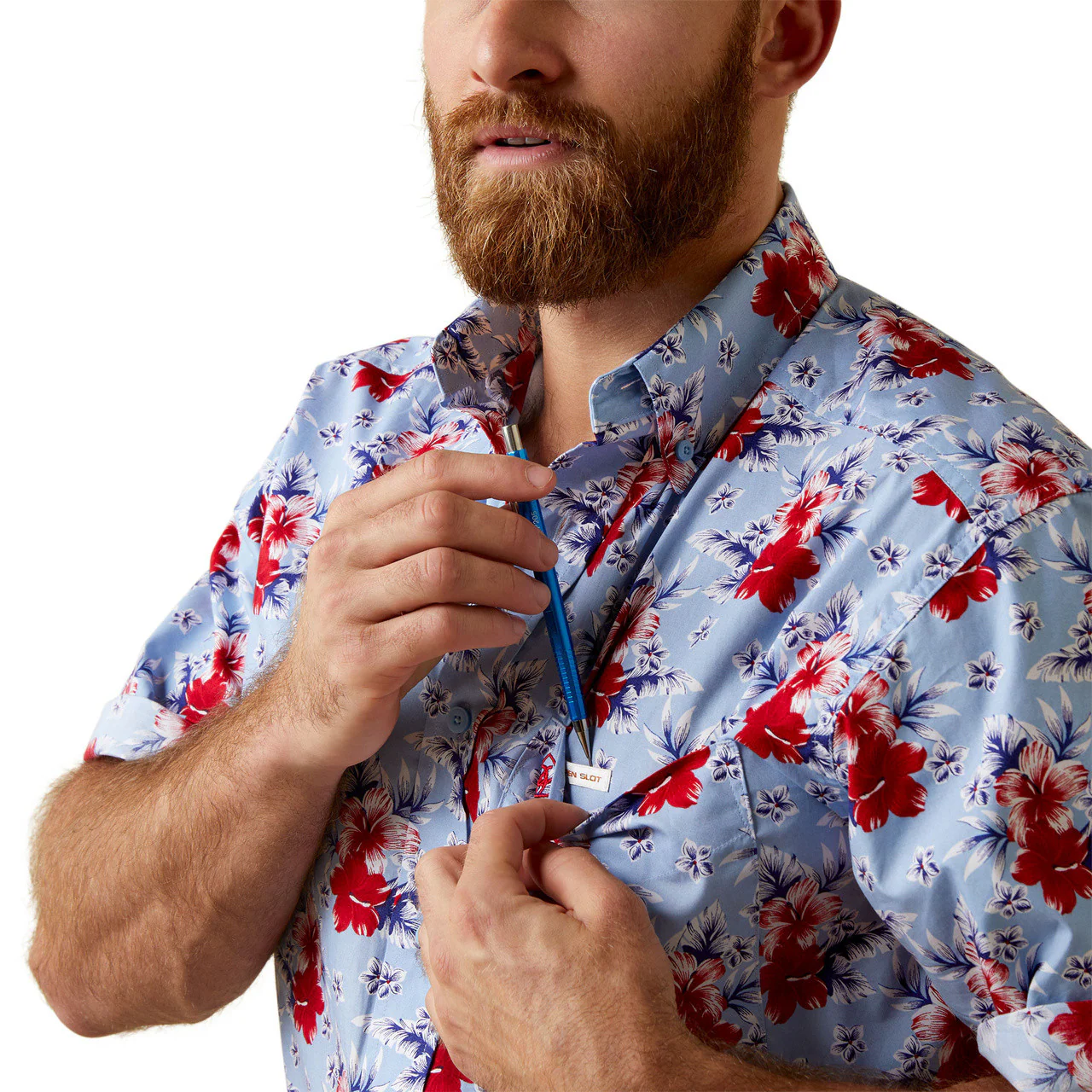 Ariat Men's Jeremiah Classic Short Sleeve Western Shirt - Blue/Red Hibiscus - Image 3
