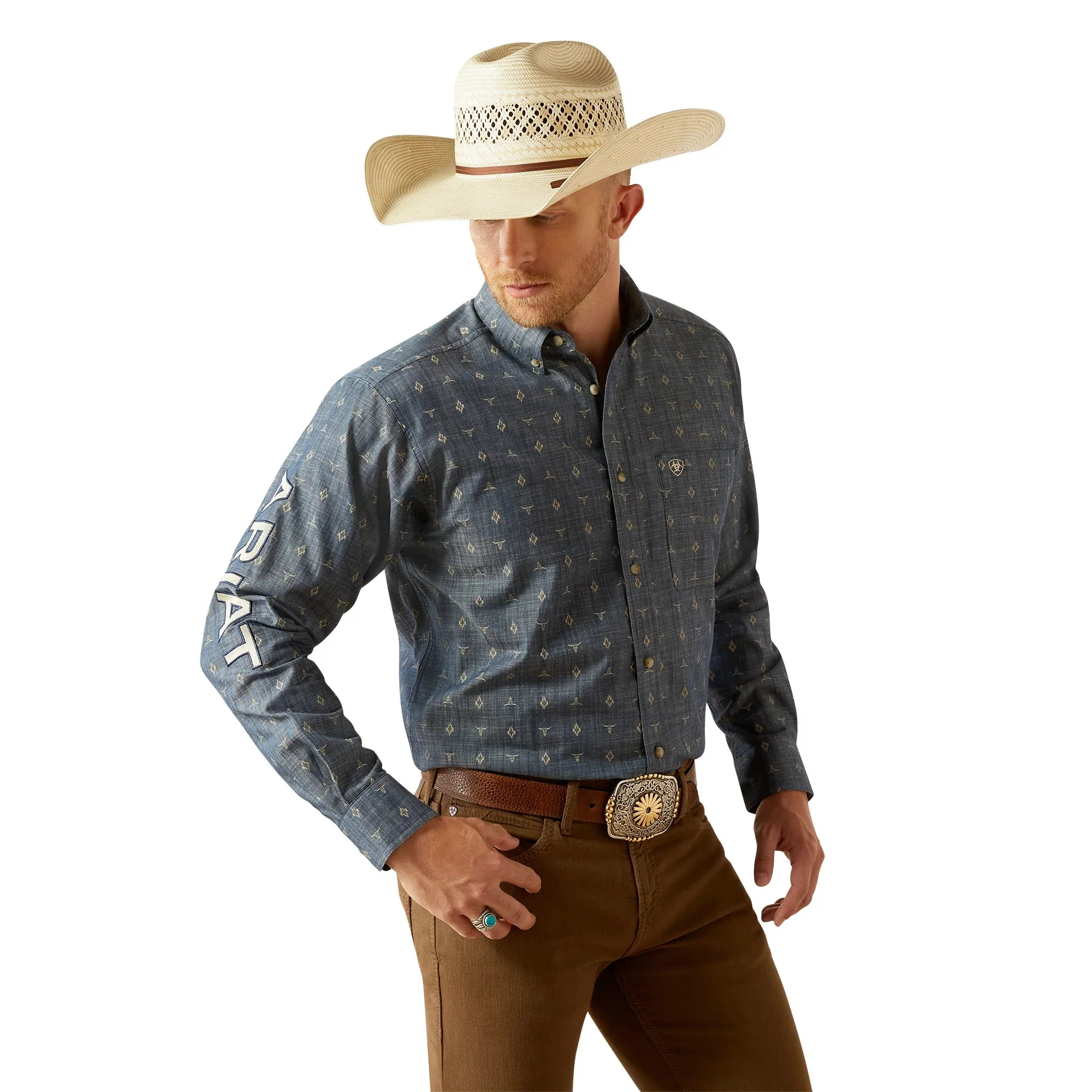 Ariat Men's Long Sleeve Team Philibert Classic Fit Shirt - Chambray Blue/Khaki