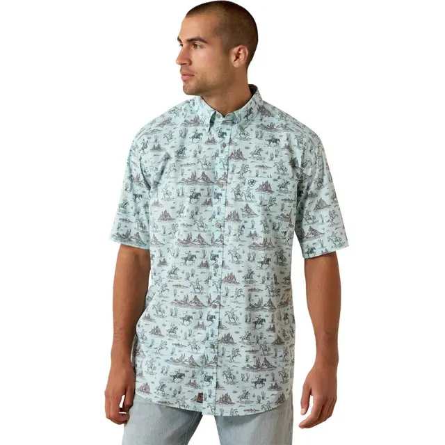 Ariat Men's Pratt Classic Fit Short Sleeve Shirt - Blue Glow Western Print