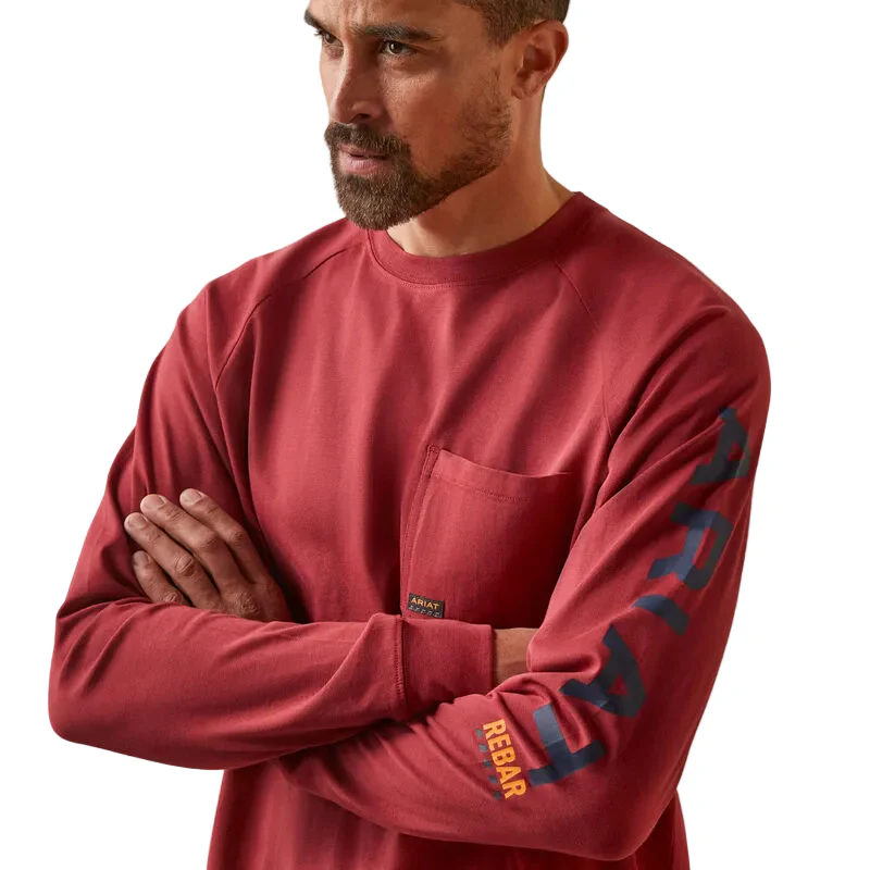 Ariat Men's Rebar Cotton Strong Long Sleeve T-Shirt - Brick Red - Image 4