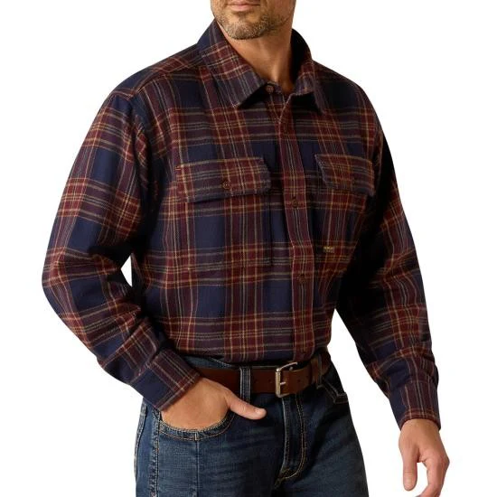 Ariat Men's Rebar Heavy Flannel Long Sleeve Work Shirt - Navy/Malbec