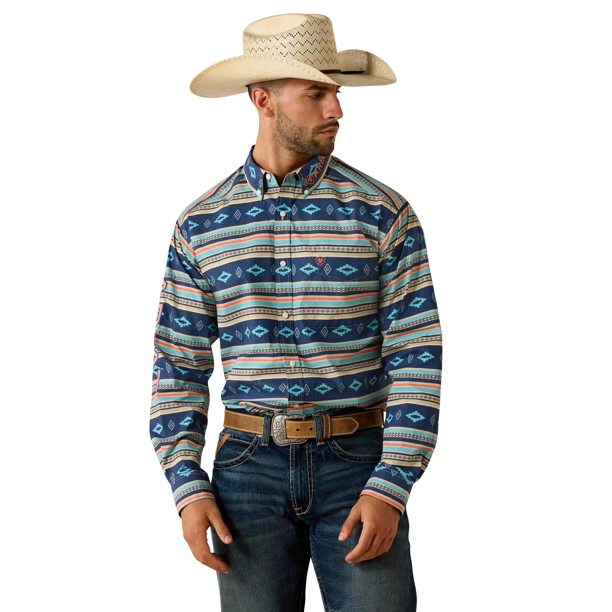 Ariat Men's Team Jet Casual Serape Long Sleeve Shirt - Navy/Orange