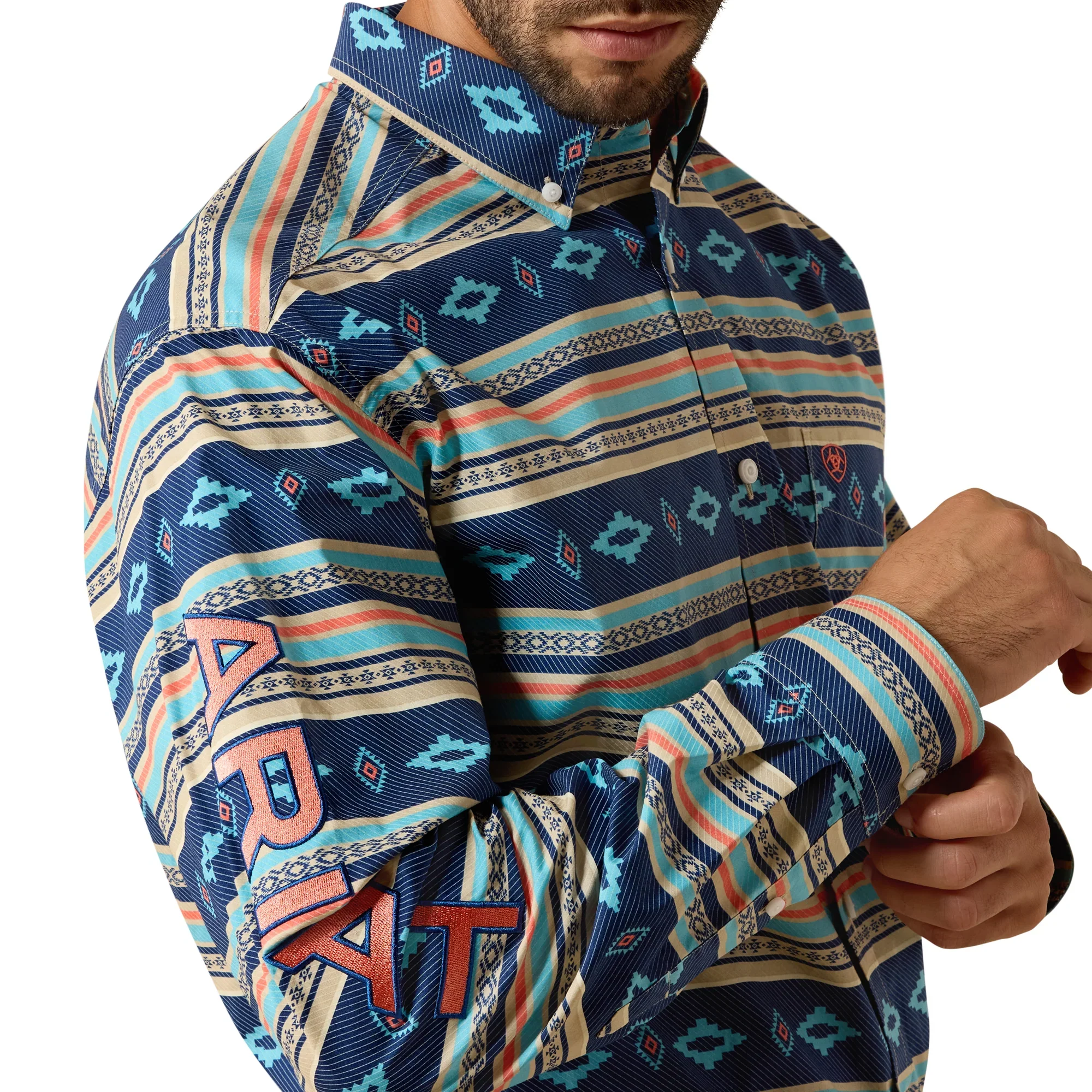 Ariat Men's Team Jet Casual Serape Long Sleeve Shirt - Navy/Orange - Image 3