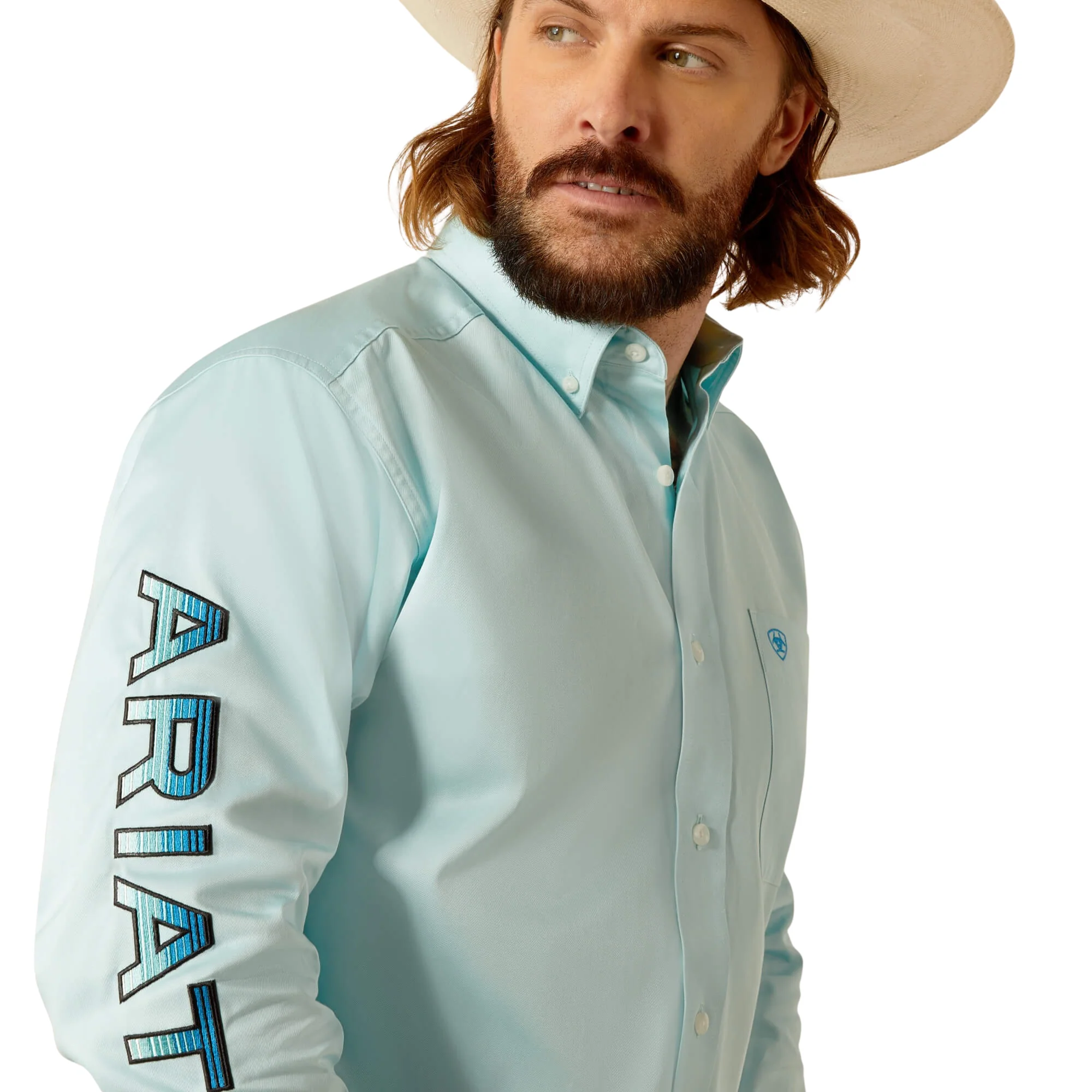 Ariat Men's Team Logo Twill Fitted Long Sleeve Shirt - Light Aqua - Image 2