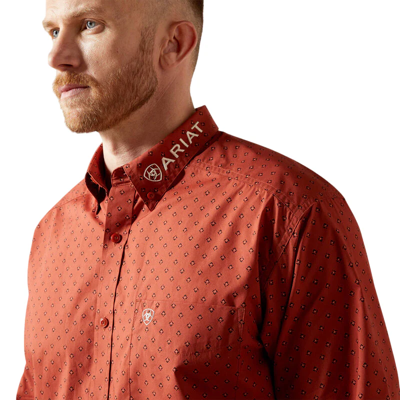 Ariat Men's Team Porter Classic Fit Long Sleeve Shirt - Brick Red/Beige - Image 3
