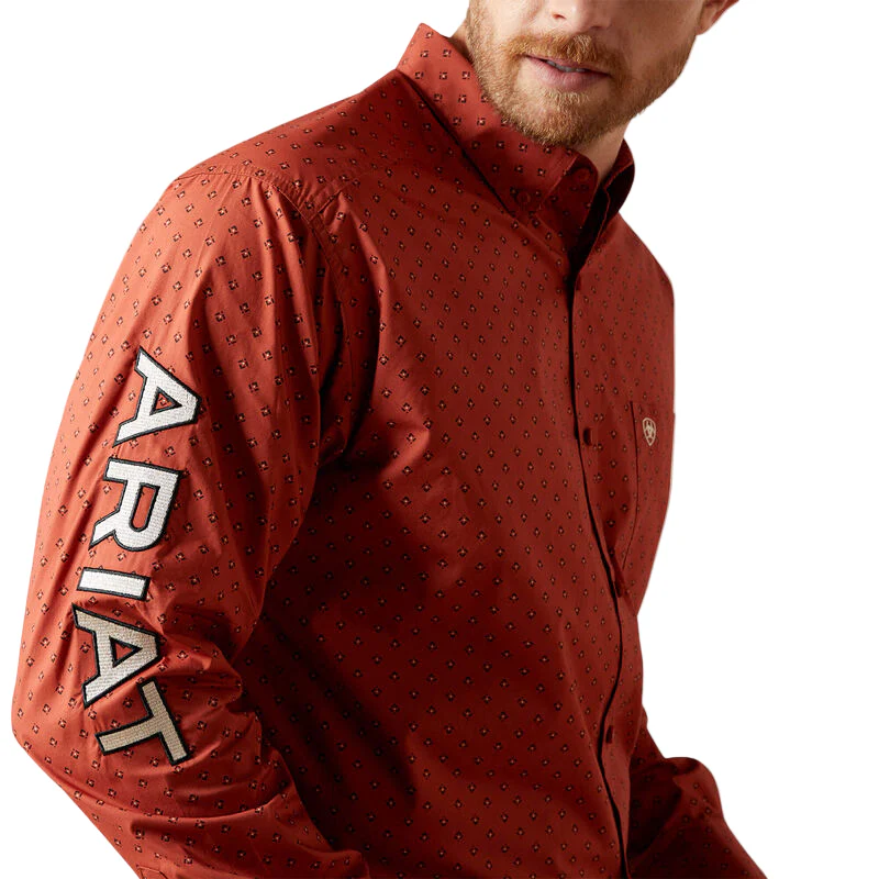 Ariat Men's Team Porter Classic Fit Long Sleeve Shirt - Brick Red/Beige - Image 4
