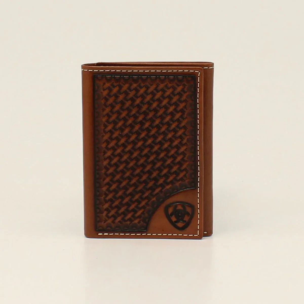 Ariat Men's Trifold Basketweave with Shield Wallet- Tan
