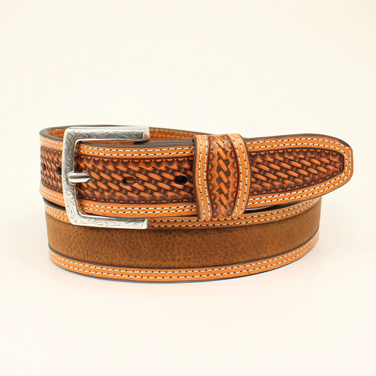 **Ariat Men's Contrast Double Stitching Embossed Basket Weave Western Belt - Medium Brown