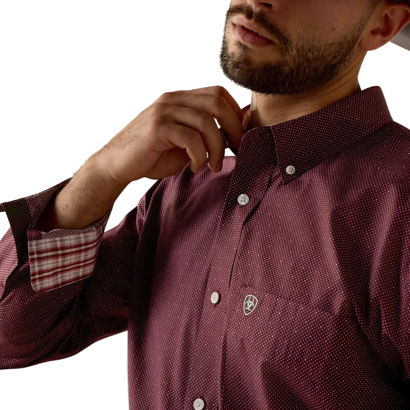 Ariat Men's Wrinkle Free Wrenly Classic Fit Long Sleeve Dot Print Shirt - Red Mahogany - Image 3