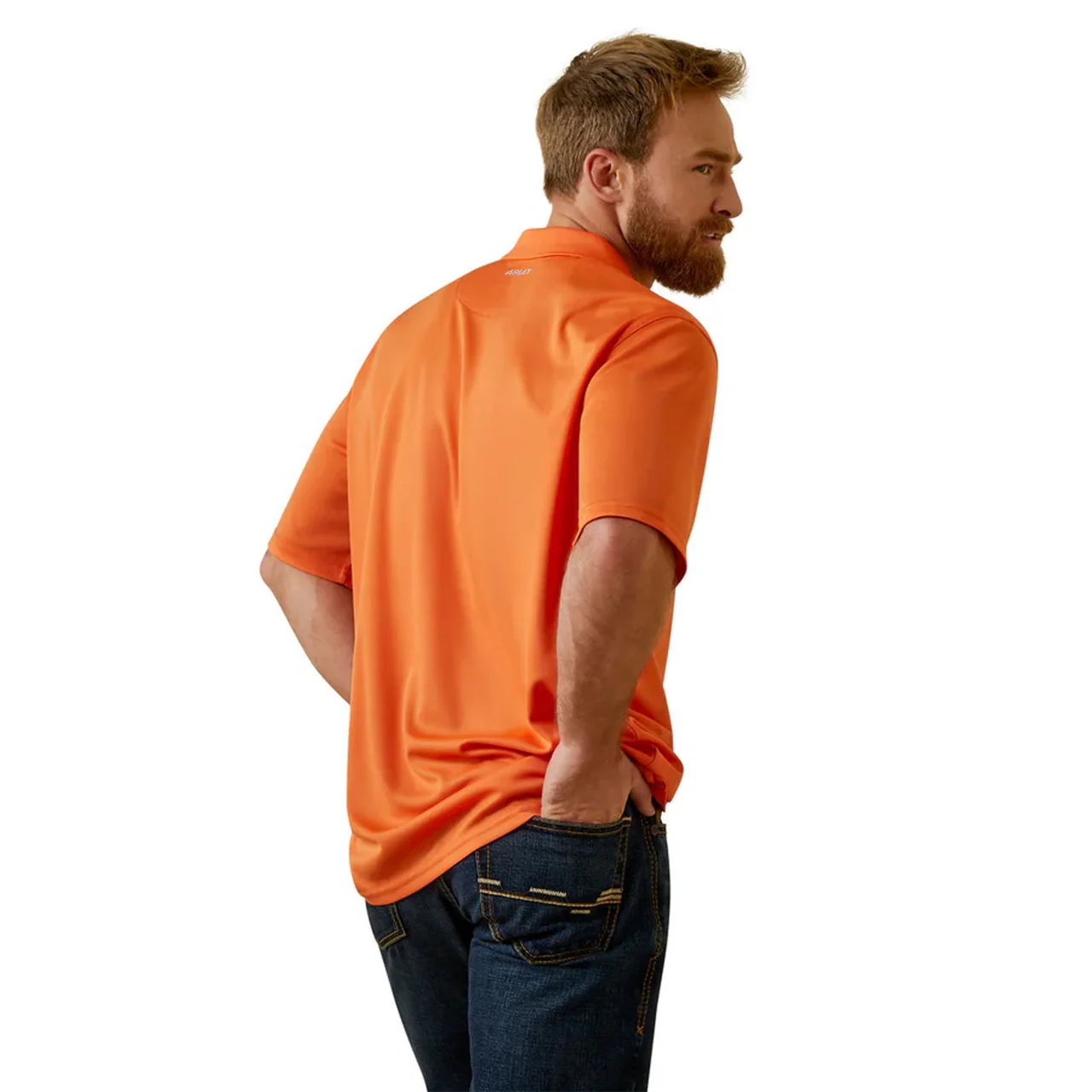 Ariat Men's TEK Short Sleeve Orange Polo- Celosia Orange - Image 2