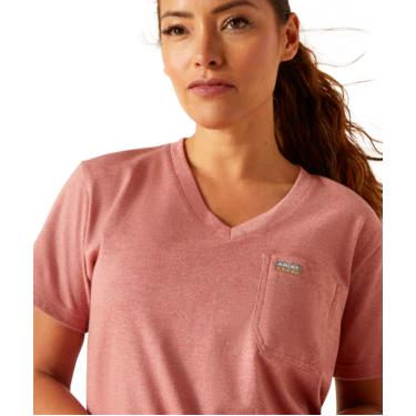 Ariat Women's Rebar Cotton Strong V-Neck T-Shirt - Mineral Red Heather - Image 5