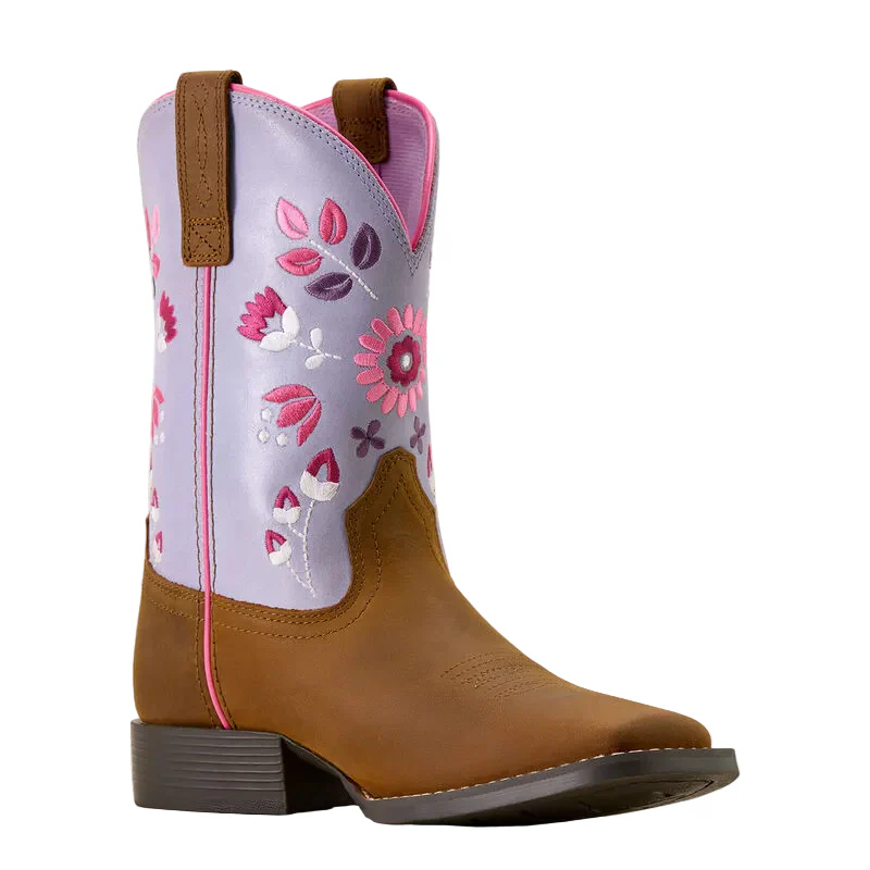 Ariat Youth Wild Bloom Wide Square Toe Western Boot - Distressed Brown/Mystic Lavender - Image 3