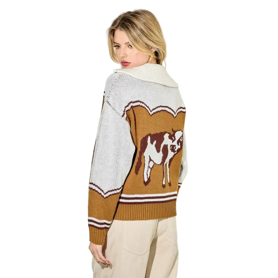BaeVely Women's Cowprint Long Sleeve Sweater- Caramel - Image 2