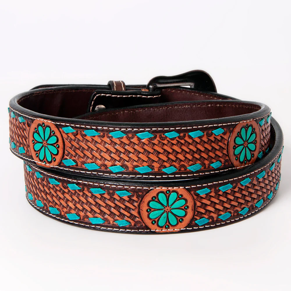 Bar H Tooled Leather Belt - Brown with Turquoise Accents - Image 2