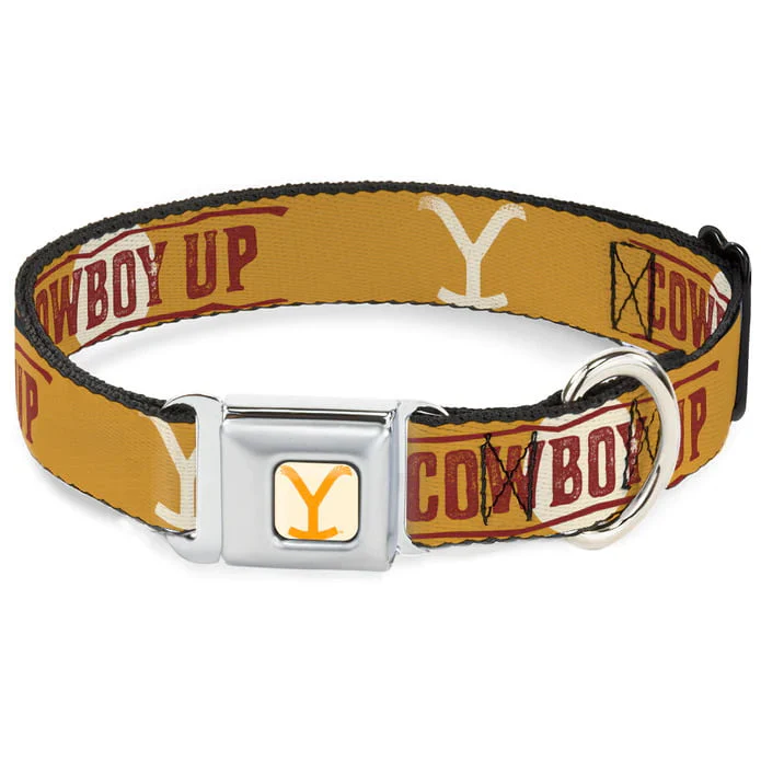 Buckle Down Dog Collar Yellowstone Y Logo Cowboy Up - Orange Red White - Small