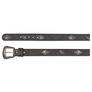 Catchfly Women's Leather Belt Tooled W/ Colored Feathers