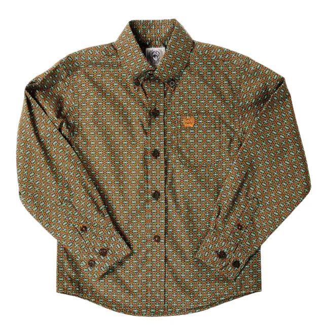 Cinch Boy's Long Sleeve Button Down Geometric Print Shirt - Brown