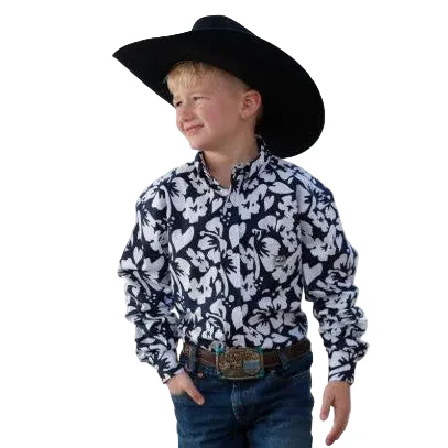 Cinch Boy Long Sleeve Button Down Print Shirt - Navy