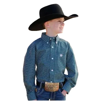 Cinch Boy Long Sleeve Button Down Print Shirt - Teal